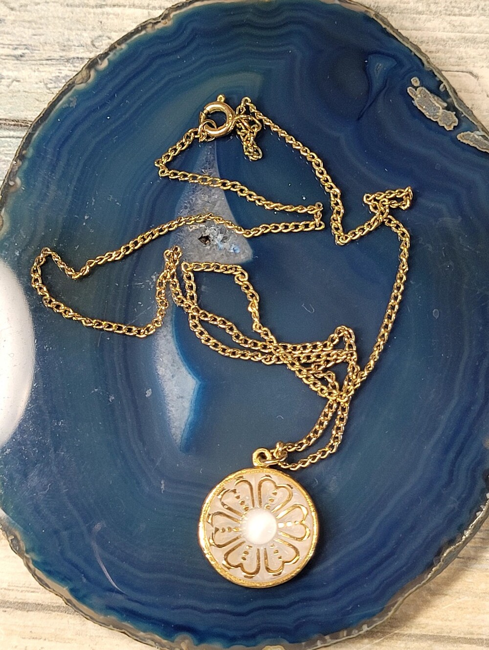 Gold Pendant Necklace with White Enamel Accent